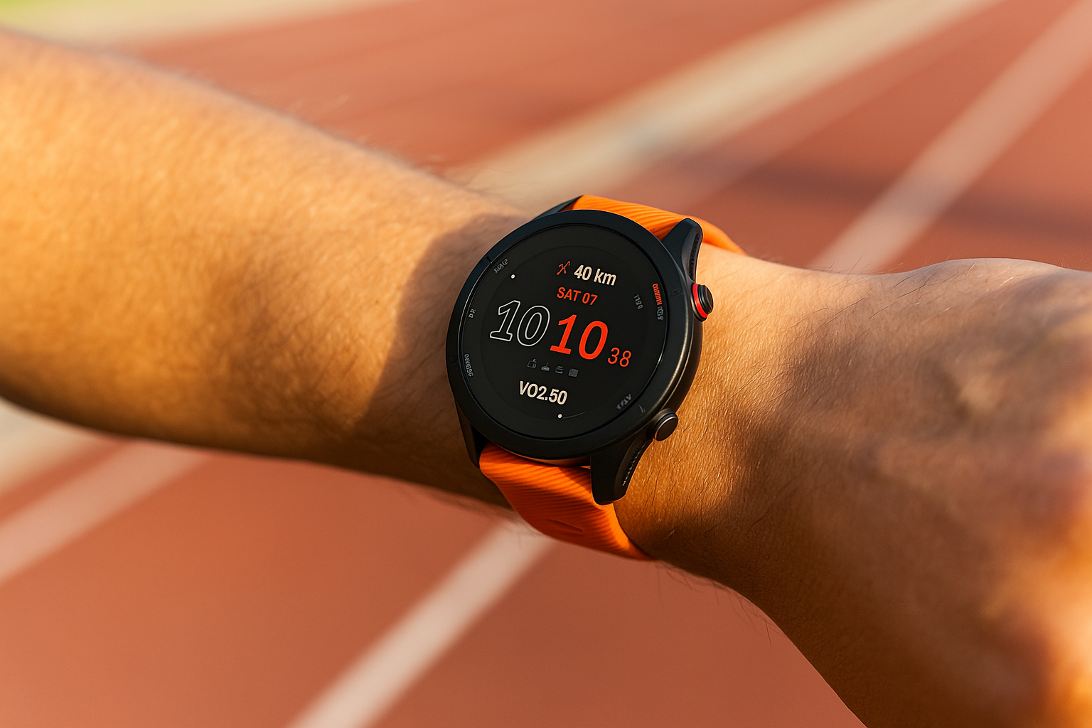 Oransje Garmin reim på en jogger på en løpebane